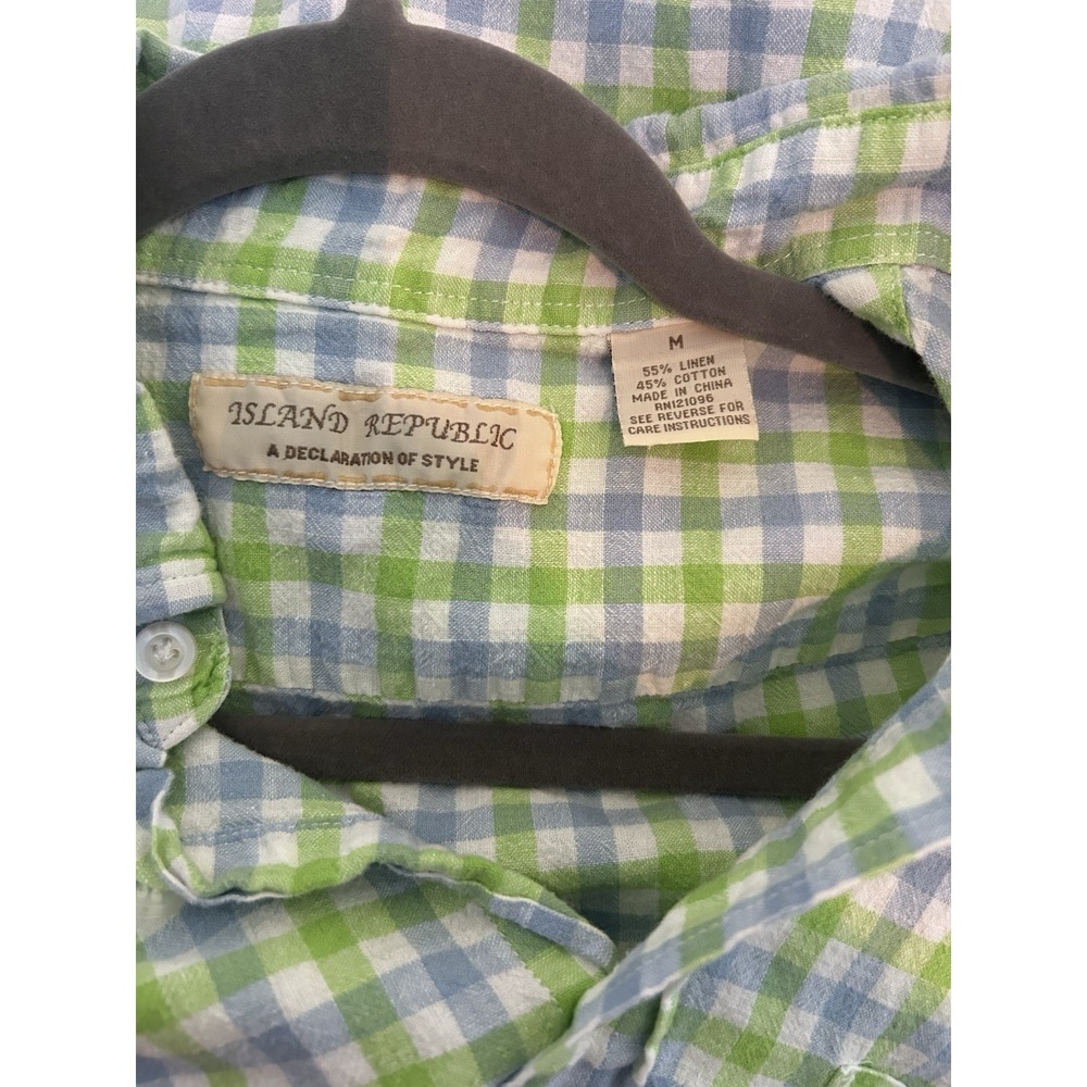 Island Republic Linen Cotton Button Up Mens Med Checkered Short Sleeve Casual - Picture 5 of 6